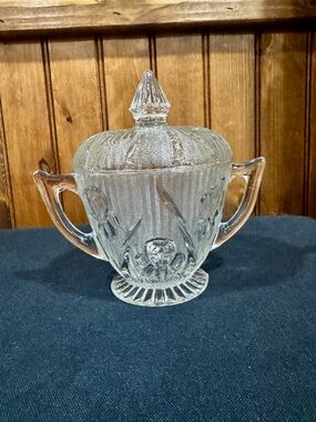Vintage Clear Jeannette Glass Covered Iris and Herringbone Sugar Bowl